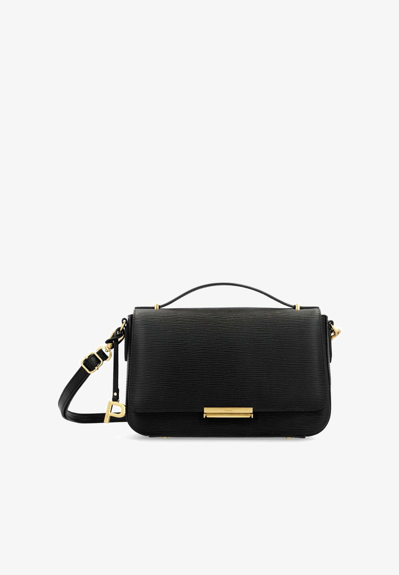 Schwarze Lederhandtasche mit strukturiertem Finish, goldenen Hardware-Akzenten, einem kurzen Griff und einem abnehmbaren Schulterriemen. Rechteckige Form.