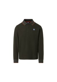 Polo-shirt à manches longues vert foncé avec un col gris contrastant et des bordures orange, arborant un logo rond sur la poche gauche.