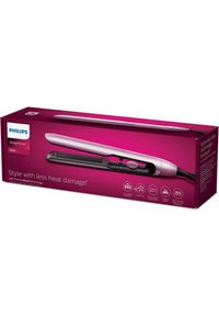 Philips Haarglätter im pink-schwarzen Design, ausgestattet mit Keramikplatten, ThermoShield-Technologie und einem Netzkabel. Die Box enthält Produktdetails.