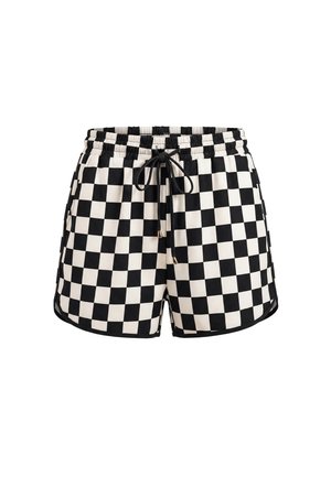 Fekete-fehér kockás rövidnadrág rugalmas derékpánttal és fekete húzózsinórokkal elöl, fehér háttéren megjelenítve.