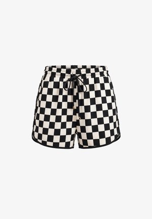 Schwarz-weiß karierte Shorts mit elastischem Bund und schwarzen Kordelzügen vorne, dargestellt vor weißem Hintergrund.