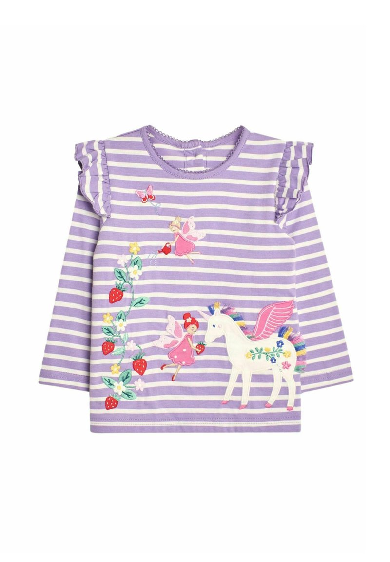 Lilla stribet langærmet t-shirt med flæseaccents på skuldrene. Har farverig broderede fejser, jordbær og et enhedsdesign.