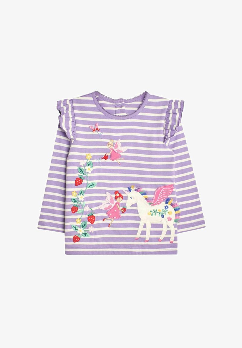 Lilla stribet langærmet t-shirt med flæseaccents på skuldrene. Har farverig broderede fejser, jordbær og et enhedsdesign.