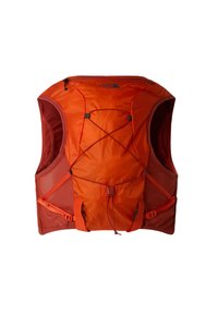 Pomarańczowa kamizelka do biegania z siateczkowymi bokami, regulowanymi paskami, przednią kieszenią i odblaskowymi akcentami. Zaprojektowana z myślą o komforcie i wentylacji.