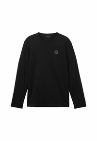 Zwarte katoenen T-shirt met lange mouwen, voorzien van een ronde hals en een klein logo-opdruk op de linkerborst. Zachte textuur, normale pasvorm.