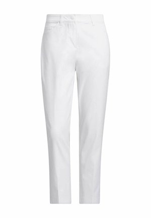 Hvide bukser med lige snit, der har knap- og lynlås-lukning, fire lommer og et glat, letvægtstof.