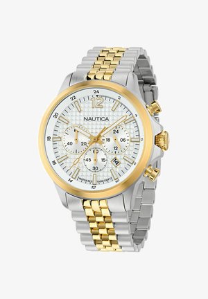 Srebrna in zlatna ura iz nerjavečega jekla z teksturiranim belim številčnico, tremi podštevilkami, zlatimi akcenti in zasnovo verižice.