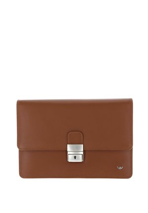 Brown leather clutch with silver rectangular lock clasp centered on the front and a small silver logo in the bottom right corner.