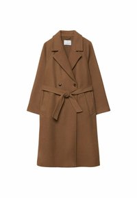 Manteau marron en mélange de laine avec un design croisé, larges revers, ceinture à nouer et deux poches devant. Présente une finition lisse et texturée.