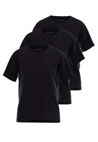 Black cotton crew-neck t-shirts in a pack of three. Short sleeves, relaxed fit, featuring a small logo on the chest. Smooth texture.