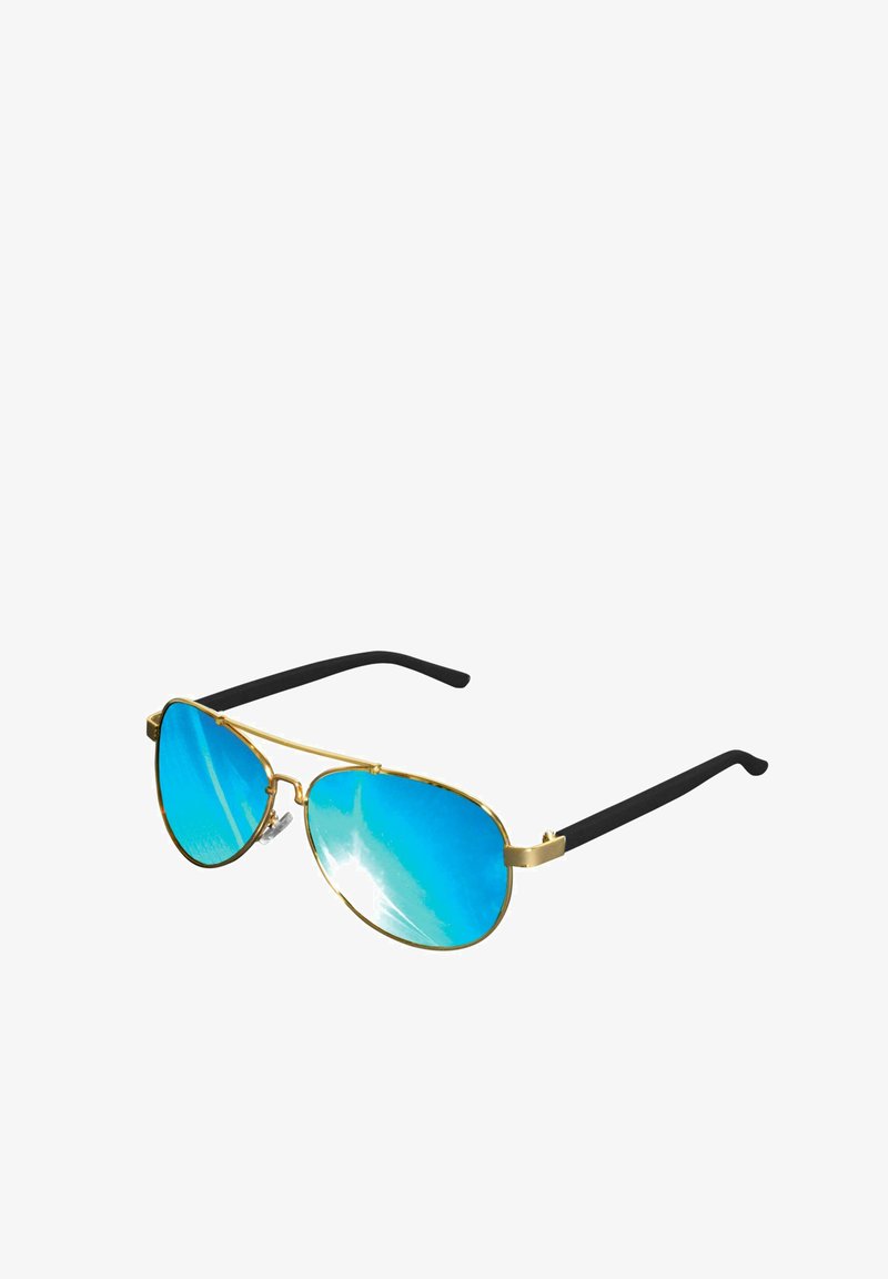 Kultaiset aviator-aurinkolasit peililinssillä, joissa on sininen sävy, mustat kumiset sangan päät ja tyylikäs muotoilu.