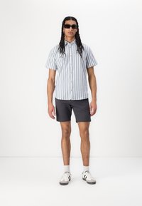 Short-sleeve button-up shirt in light blue and white stripes, paired with dark gray shorts. Accessories include black sunglasses and sneakers.