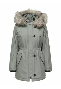 Parka grise avec capuche en fausse fourrure, taille ajustable par cordon, deux poches avant, boutons noirs et poignets élastiques. Tissu lisse avec un léger éclat.