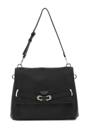 Borsa a tracolla in pelle nera con una forma strutturata, dotata di dettagli in metallo argentato e di una fibbia frontale. Include una tracolla regolabile.