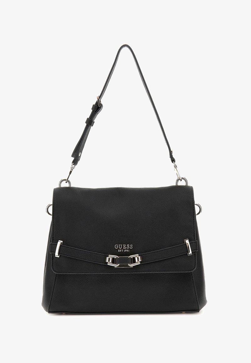 Borsa a tracolla in pelle nera con una forma strutturata, dotata di dettagli in metallo argentato e di una fibbia frontale. Include una tracolla regolabile.
