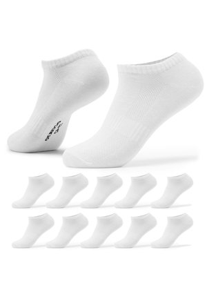 Ten pairs of white low-cut athletic socks arranged with two larger pairs above a row of eight smaller pairs.
