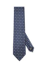 Granatowy krawat z powtarzającym się geometrycznym wzorem w białym i jasnoniebieskim kolorze. Wykonany z gładkiego materiału, posiada spiczasty koniec oraz metkę.