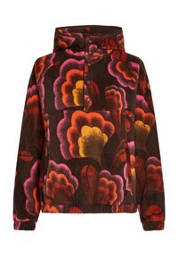 Pullover fleece met roze, oranje en gele bloemmotieven op een donkerbruin achtergrond. Voorzien van een capuchon en knoopsluiting. Zachte textuur.