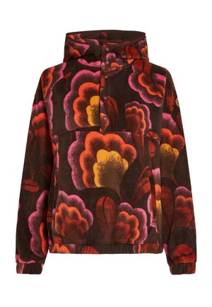 Pullover en polaire avec des motifs floraux roses, oranges et jaunes sur un fond marron foncé. Doté d'une capuche et d'une patte de boutonnage. Texture douce.