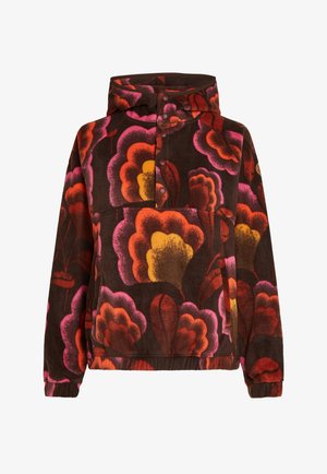 Pullover fleece with pink, orange, and yellow floral patterns on a dark brown background. Features a hood and buttoned placket. Soft texture.