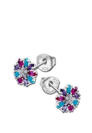 Boucles d'oreilles en argent sterling en forme de fleur, ornées de pierres turquoise, violettes et fuchsia. Le centre est agrémenté de petites pierres transparentes.