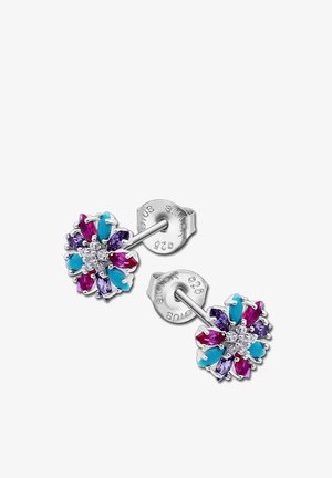 Boucles d'oreilles en argent sterling en forme de fleur, ornées de pierres turquoise, violettes et fuchsia. Le centre est agrémenté de petites pierres transparentes.