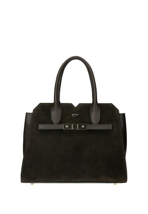 Sac à main en daim noir avec des poignées en cuir foncé, une sangle horizontale en cuir avec une boucle métallique, et un petit logo de marque métallique à l'avant.