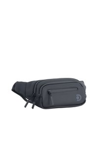 Borsetta nera in vita realizzata in materiale liscio, dotata di due scomparti con zip, cinturino regolabile e design minimalista con dettaglio del logo.