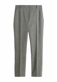Gray checkered dress pants with a relaxed fit, side pockets, and a smooth texture. Features a subtle pattern with light and dark squares.