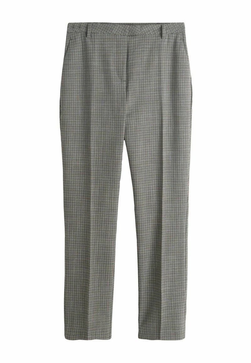 Gray checkered dress pants with a relaxed fit, side pockets, and a smooth texture. Features a subtle pattern with light and dark squares.