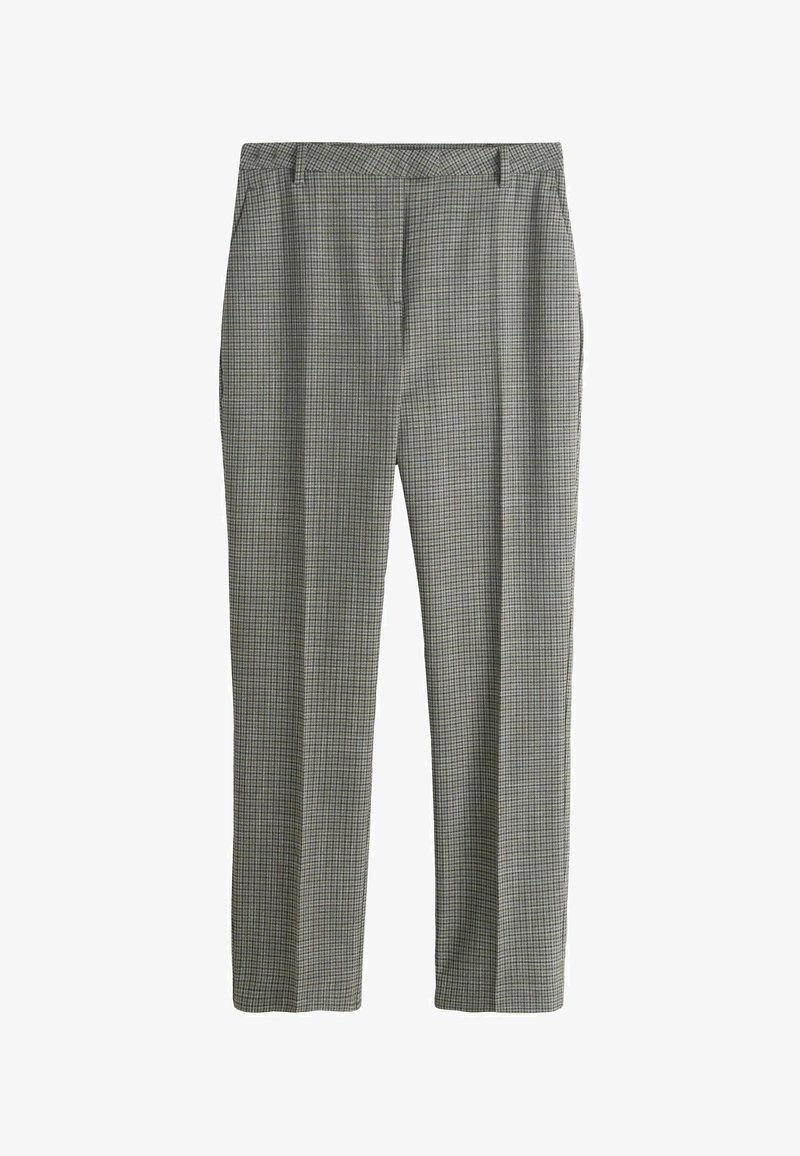 Gray checkered dress pants with a relaxed fit, side pockets, and a smooth texture. Features a subtle pattern with light and dark squares.