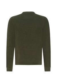 Pull en maille vert foncé à manches longues avec poignets côtelés, vu de dos sur un fond blanc.