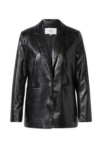 Czarna skórzana marynarka z klapami, zapięciem na jeden guzik i dwoma kieszeniami z przodu o gładkiej, błyszczącej fakturze.
