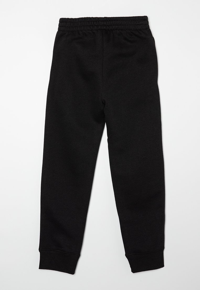 Pantaloni da jogging neri realizzati in tessuto morbido, dotati di una vita elasticizzata, gambe affusolate e polsini a costine, con una superficie liscia.