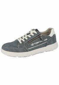 Sneaker blu in suede con lacci bianchi, zip laterale e accenti perforati, caratterizzato da una finitura testurizzata e una suola in gomma bianca.