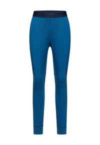 Leggings bleues en tissu extensible dotées d'une large ceinture texturée et de coutures latérales en angle pour un look élégant.