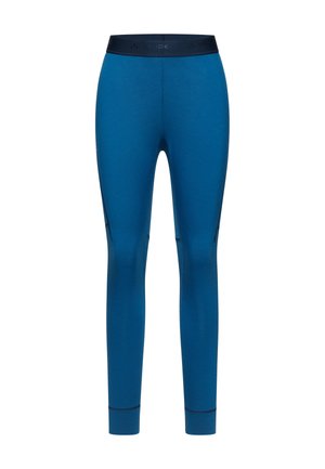 Blaue Leggings aus elastischem Material mit einem breiten, strukturierten Bund und schrägen Seitennähten für einen schlanken Look.