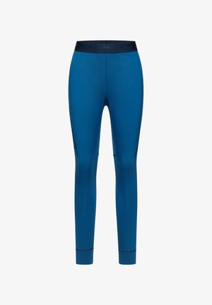 Blaue Leggings aus elastischem Material mit einem breiten, strukturierten Bund und schrägen Seitennähten für einen schlanken Look.