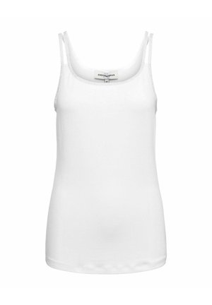 Witte mouwloze tanktop met smalle bandjes en een ronde hals, plat neergelegd tegen een witte achtergrond.