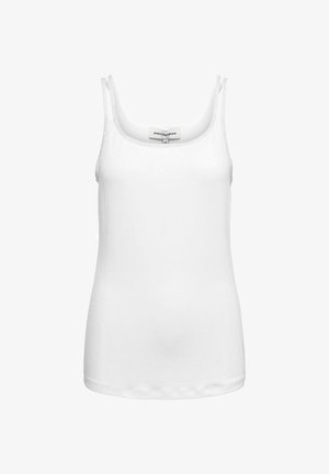 Witte mouwloze tanktop met smalle bandjes en een ronde hals, plat neergelegd tegen een witte achtergrond.