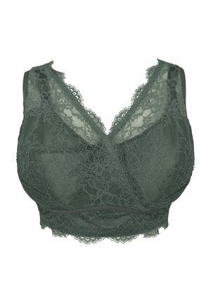 Grüner Spitzen-Bralette mit V-Ausschnitt, floralen Mustern, gewellten Kanten und weicher Textur. Verstellbare Träger und ohne Polsterung.