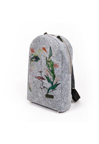 Gray felt backpack with an artistic face design and green plant motifs. Features a zipper closure and a textured surface.