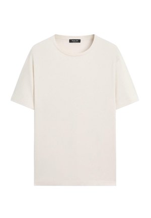 Plain short-sleeve crewneck t-shirt in off-white with a small black label on the inside collar.