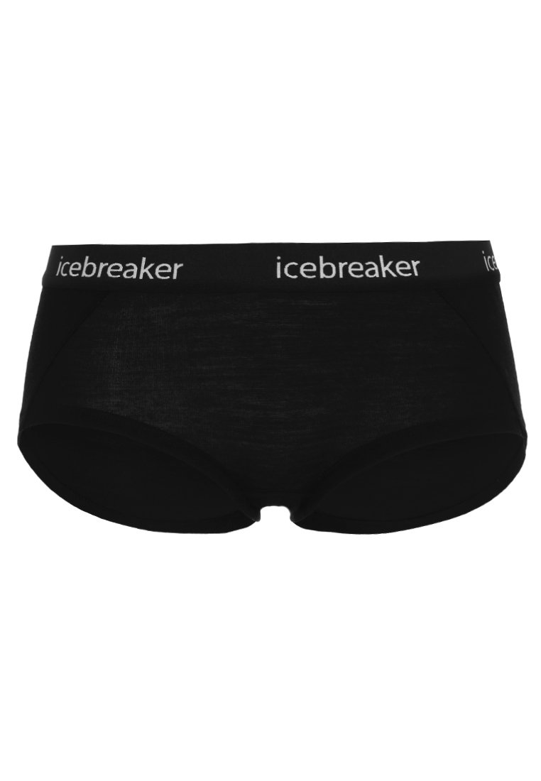 Schwarze Boyshorts aus weichem Material mit breitem elastischem Bund, der das "icebreaker"-Logo in Weiß trägt. Glatte Textur und taillierte Passform.