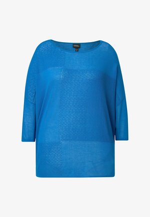 Modrý oversized top s jemně texturovaným vzorem, volný střih a tříčtvrteční rukávy. Lehká, prodyšná tkanina s hladkým povrchem.
