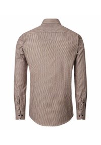 Koszula z długim rękawem, zapinana na guziki, w geometryczny wzór w odcieniach brązu, niebieskiego i pomarańczowego, widoczna z tyłu na białym tle.