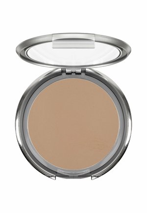Compact powder makeup in a round silver case with a clear hinged lid, shown open to reveal beige pressed powder inside.
