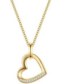 Zlatni privjesak u obliku srca s poliranom završnom obradom, s redom prozirnih kamenčića duž donjeg ruba, obješena na teksturiranoj ogrlici.