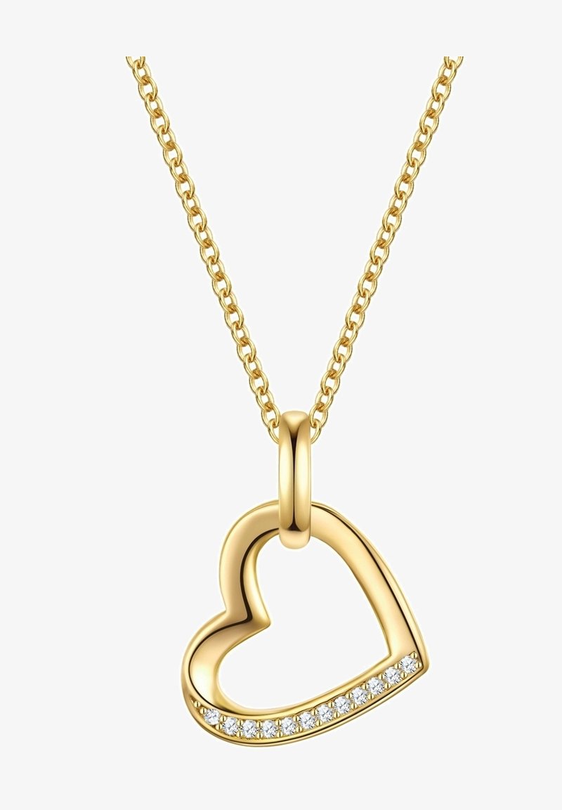 Auksinė širdies formos pakabuko grandinėlė su blizgiu paviršiumi, kuriame apatinėje kraštinėje yra išdėstyta eilė skaidrių akmenukų, pakabinta ant tekstūruotos grandinės.