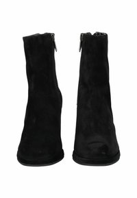 Black suede ankle boots with a smooth texture, high shaft, and side zippers; closed round toe and flat sole.